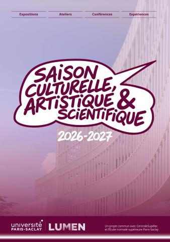 Bulle de bande dessinée avec écrit dedans Saison culturelle artistique et scientifique 2026 2027 fond délavé prune